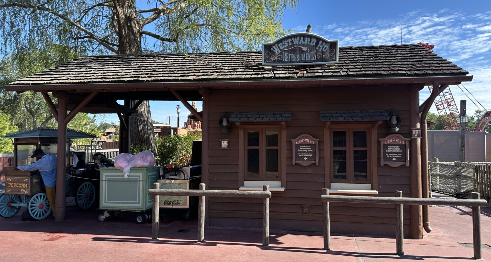 Westward Ho, a refreshment kiosk in Frontierland, has closed at Magic Kingdom to make way for Piston Peak construction. There are no construction walls surrounding the space yet.
