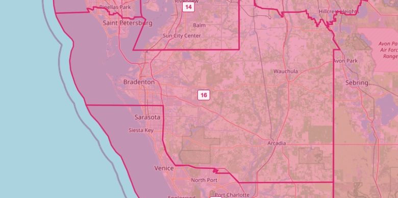 Map of Florida Congressional District 16 highlighting Bradenton, Sarasota, Venice, and Wauchula.