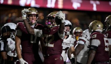 Aug 29, 2026; Tallahassee, Florida, USA;  Florida State running back Ousmane Kromah (32) celebrates a touchdown with wide receiver Duce Robinson (0) during the fourth quarter against New Mexico State at Doak S. Campbell Stadium.  Mandatory Credit: Melina Myers-Imagn Images