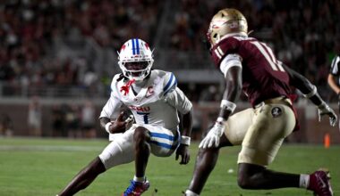 No.19 SMU rallies through technical delay & turnovers to beat Florida State 27-24 on the road in season opener.