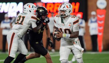 Sep 18, 2026; Winston-Salem, North Carolina, USA;  Miami (FL) Hurricanes quarterback Darian Mensah (10) rolls out to pass against the Wake Forest Demon Deacons during the second half at Allegacy Federal Credit Union Stadium.  Mandatory Credit: Jim Dedmon-Imagn Images