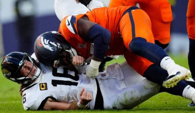 Dec 21, 2025; Denver, Colorado, USA; Denver Broncos defensive tackle Malcolm Roach (97) hits Jacksonville Jaguars quarterback Trevor Lawrence (16) during the second  half at Empower Field at Mile High. Mandatory Credit: Ron Chenoy-Imagn Images