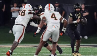 Sep 18, 2026; Winston-Salem, North Carolina, USA;  Wake Forest Demon Deacons quarterback Gio Lopez (3) looks to pass pressured by Miami (FL) Hurricanes defensive lineman Armondo Blount (18) and  linebacker Cameron Pruitt (4) during the second half at Allegacy Federal Credit Union Stadium.  Mandatory Credit: Jim Dedmon-Imagn Images