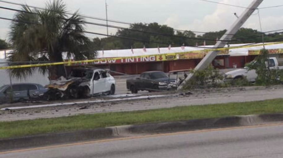 Car erupts in flames after crashing into concrete pole in Lauderhill; driver hospitalized - WSVN 7News | Miami News, Weather, Sports