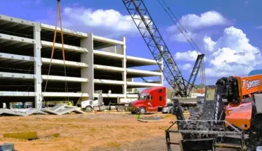 A construction crane works on a parking garage under construction at Jacksonville International Airport.