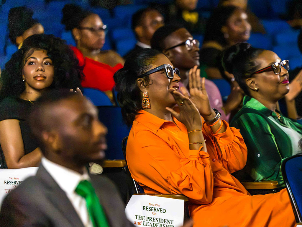 FAMU Provost and Vice President for Academic Affairs Allyson L. Watson, Ph.D., reacts during the screening of FAMU’s episode of “The College Tour” at Lee Hall Auditorium on Sept. 11, 2026. Photo credit: Adams, FAMU University Photographer.