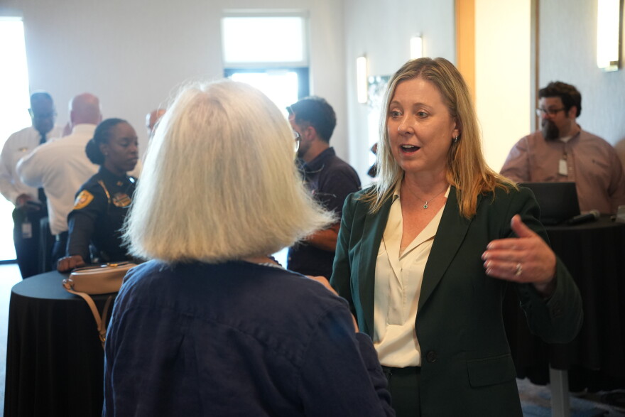 Karen Jumonville, one of the three finalists for Tallahassee City Manager, talks during the finalist meet-and-greet event on Sept. 1, 2026.
