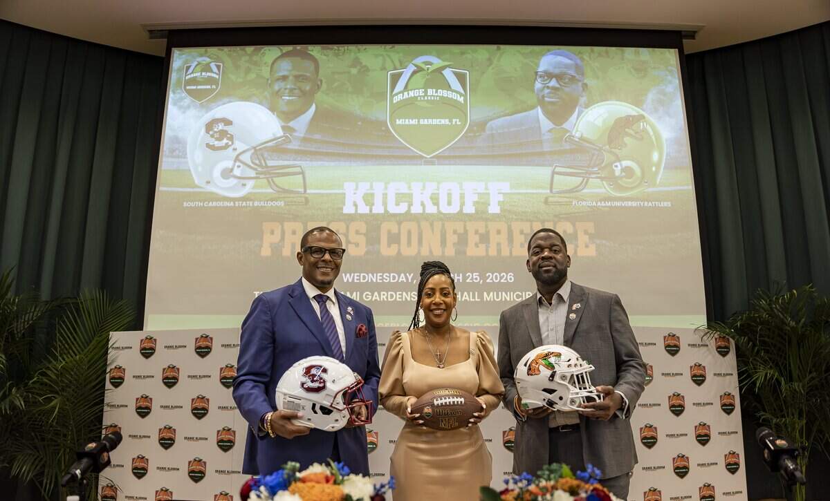 From left to right: South Carolina State Bulldogs head coach Chennis Berry, Orange Blossom Classic executive director Kendra Bulluck and Florida A&M Rattlers head coach Quinn Gray Sr. participate in an Orange Blossom Classic press conference at the Miami Gardens City Hall on Wednesday, March 25, 2026, in Miami Gardens, Fla. The event was held in anticipation of the Labor Day football game between the Florida A&M Rattlers and the South Carolina State Bulldogs at Hard Rock Stadium.