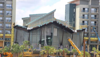 Construction continues at Disney’s Lakeshore Lodge, where more elements of the resort’s water complex are now staged along the water
