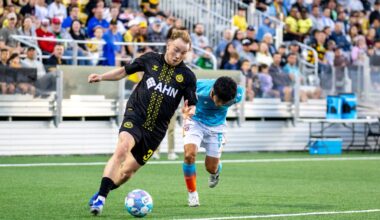 Eliot Goldthorp pulls away from Miami FC's Riyon Tori in the Pittsburgh Riverhounds' 2-0 win on May 30, 2026 at F.N.B. Stadium in Pittsburgh. (Photo: Chris Cowger/Riverhounds SC)