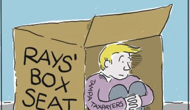 Rays Hell political cartoon by Bob Whitmore WMNF Tampa Bay Rays stadium
