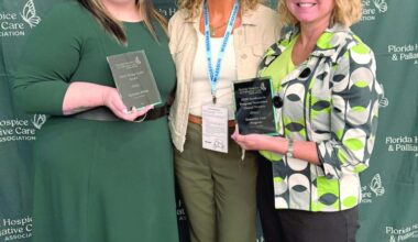 Haven Hospice was honored at the Florida Hospice and Palliative Care Association Awards of Excellence with the Excellence in Program Innovation Award for Clincial Practice for its Dementia Care Program. Haven Patient Care Representative Christina Alltop (left) also won the Rising Leader Award. (COURTESY HAVEN HOSPICE)