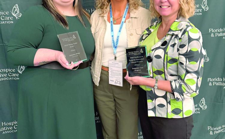 Haven Hospice was honored at the Florida Hospice and Palliative Care Association Awards of Excellence with the Excellence in Program Innovation Award for Clincial Practice for its Dementia Care Program. Haven Patient Care Representative Christina Alltop (left) also won the Rising Leader Award. (COURTESY HAVEN HOSPICE)