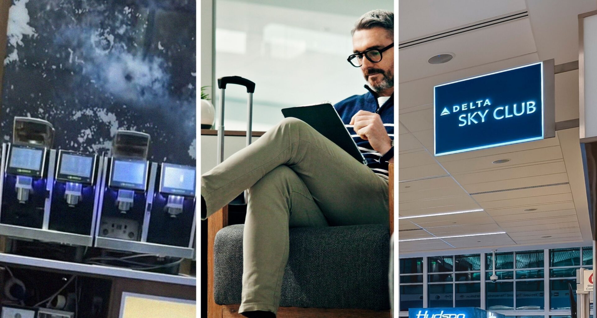 coffee machine (l) man relaxing at Delta Sky Club lounge (c) Delta Sky Club lounge entrance (r)