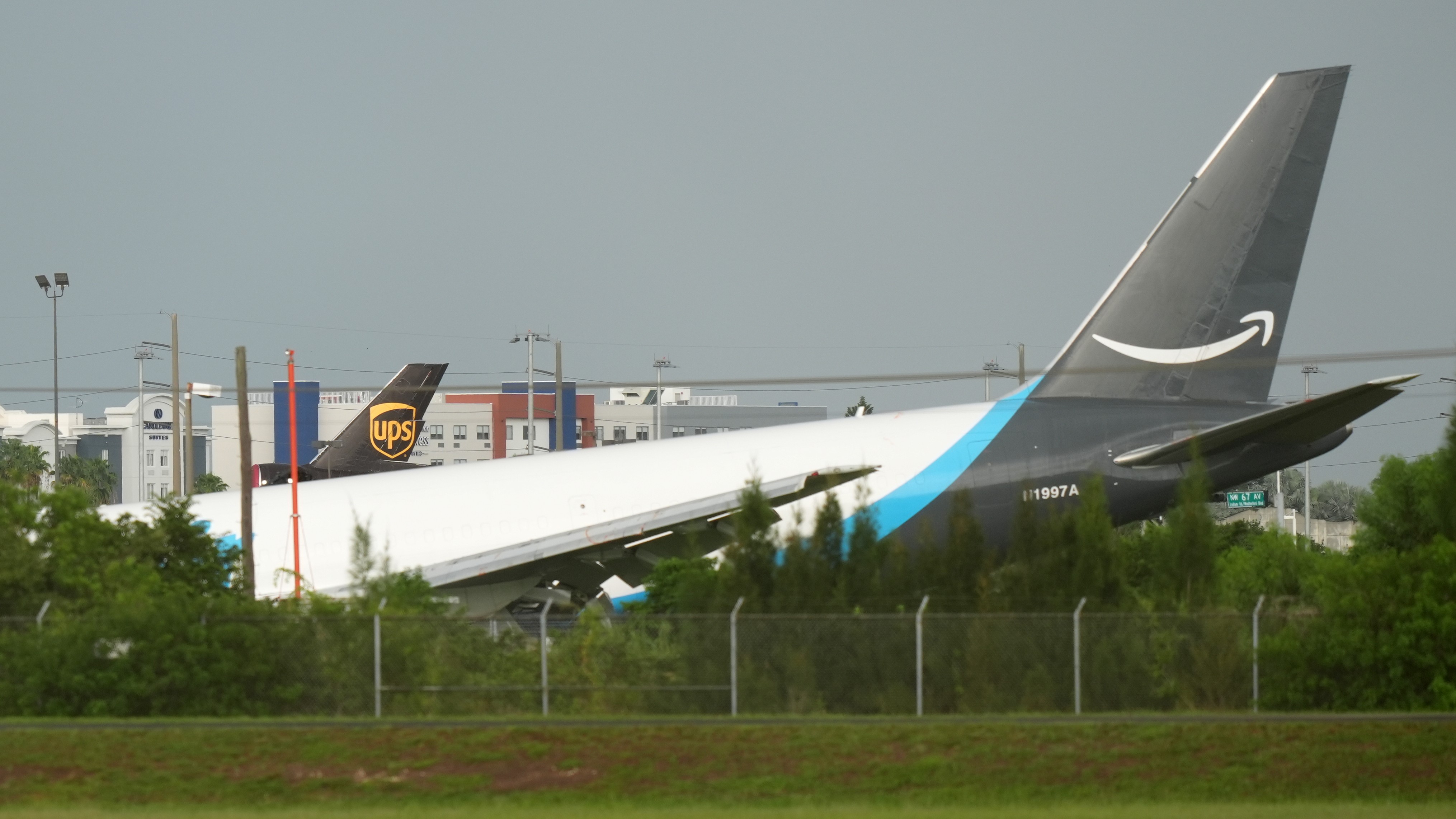 An Amazon cargo plane sits at the Miami International Airport (MIA) after it overshot the runway, Sunday, Sept. 6, 2026.