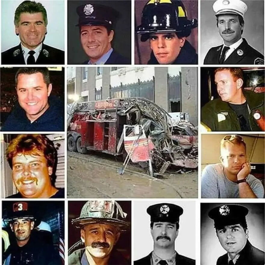 Poster showing destroyed Ladder 3, Capt. Paddy Brown (upper life), Gerard Dewan (lower left) and 10 other firefighters who perished when North Tower collapsed.