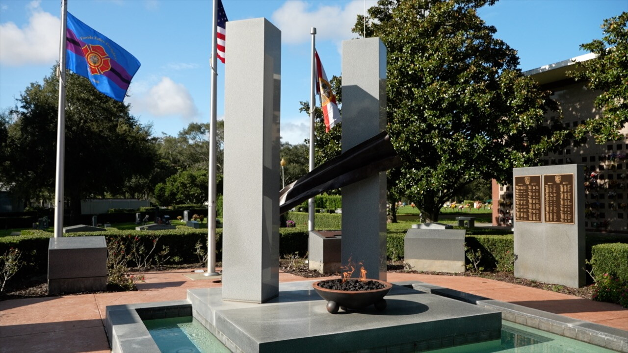 The 9/11 Memorial at Curlew Hills Memory Gardens in Palm Harbor was built in 2012. It features a twisted piece of steel floating in the center of 30 tons of American granite. The base holds a bright eternal flame.
