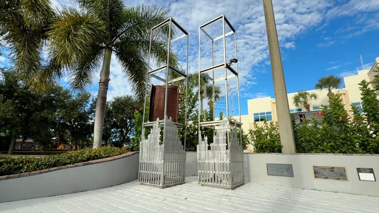 The Safety Memorial in Tarpon Springs honors local law enforcement and firefighters. It includes a tribute to those who lost their lives on 9/11, with a hollow sculpture reminiscent of the Twin Towers and a World Trade Center artifact displayed inside.