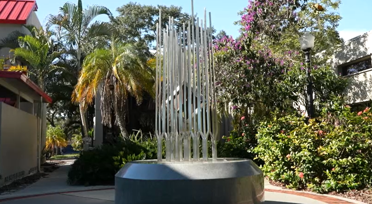 The 9/11 Memorial in Safety Harbor is located outside City Hall alongside a garden. The sculpture features steel salvaged from the World Trade Center towers. Visitors are allowed to get up close to the monument.