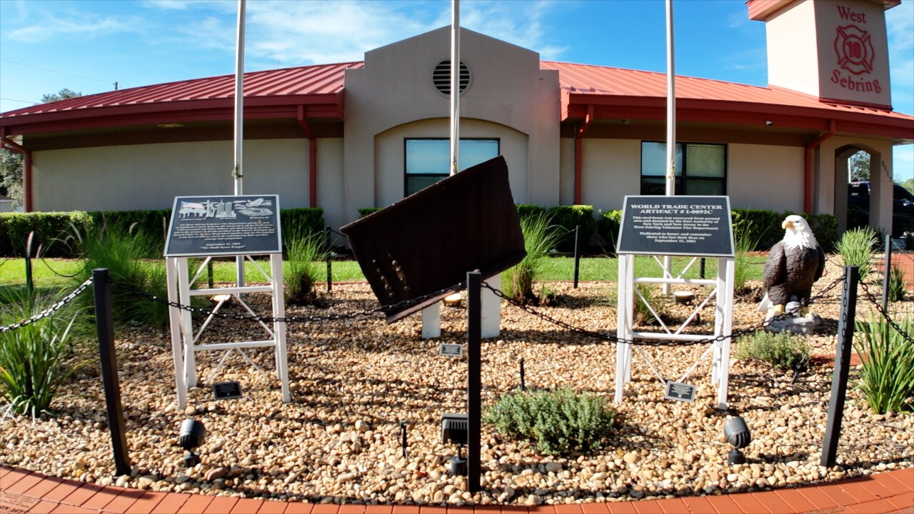 The Highlands County 9/11 Memorial is located at the West Sebring Volunteer Fire Department. People can purchase memorial bricks that pave the way to its center, where a piece of salvaged debris from Ground Zero is on display.