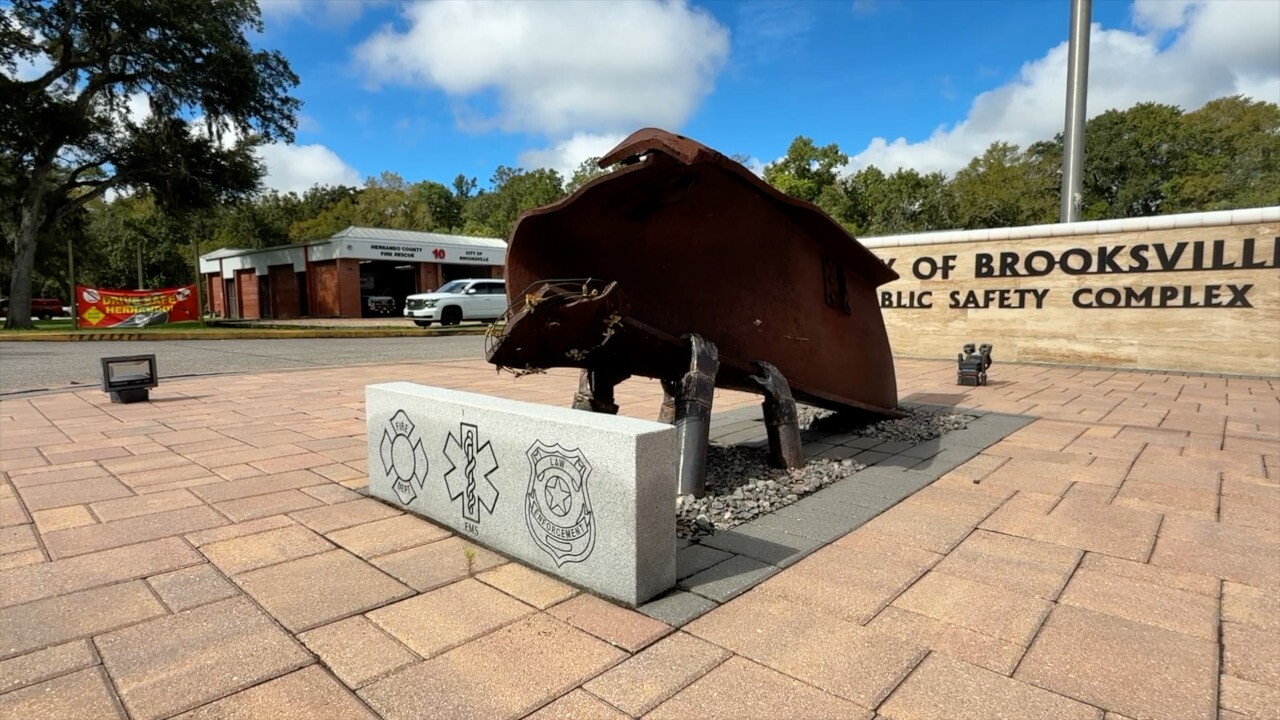 The 9/11 Memorial in Brooksville is located at the Public Safety Complex. The centerpiece features a steel beam salvaged from Ground Zero, supported by two pairs of metal hands symbolizing a firefighter and a law enforcement officer.