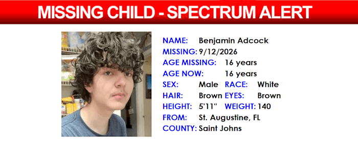 St. Augustine teen reported missing; Florida SPECTRUM Alert issued