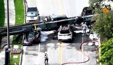 3 construction workers, driver hospitalized after crane collapses on Brickell Bay Drive, sparking SUV fire - WSVN 7News | Miami News, Weather, Sports
