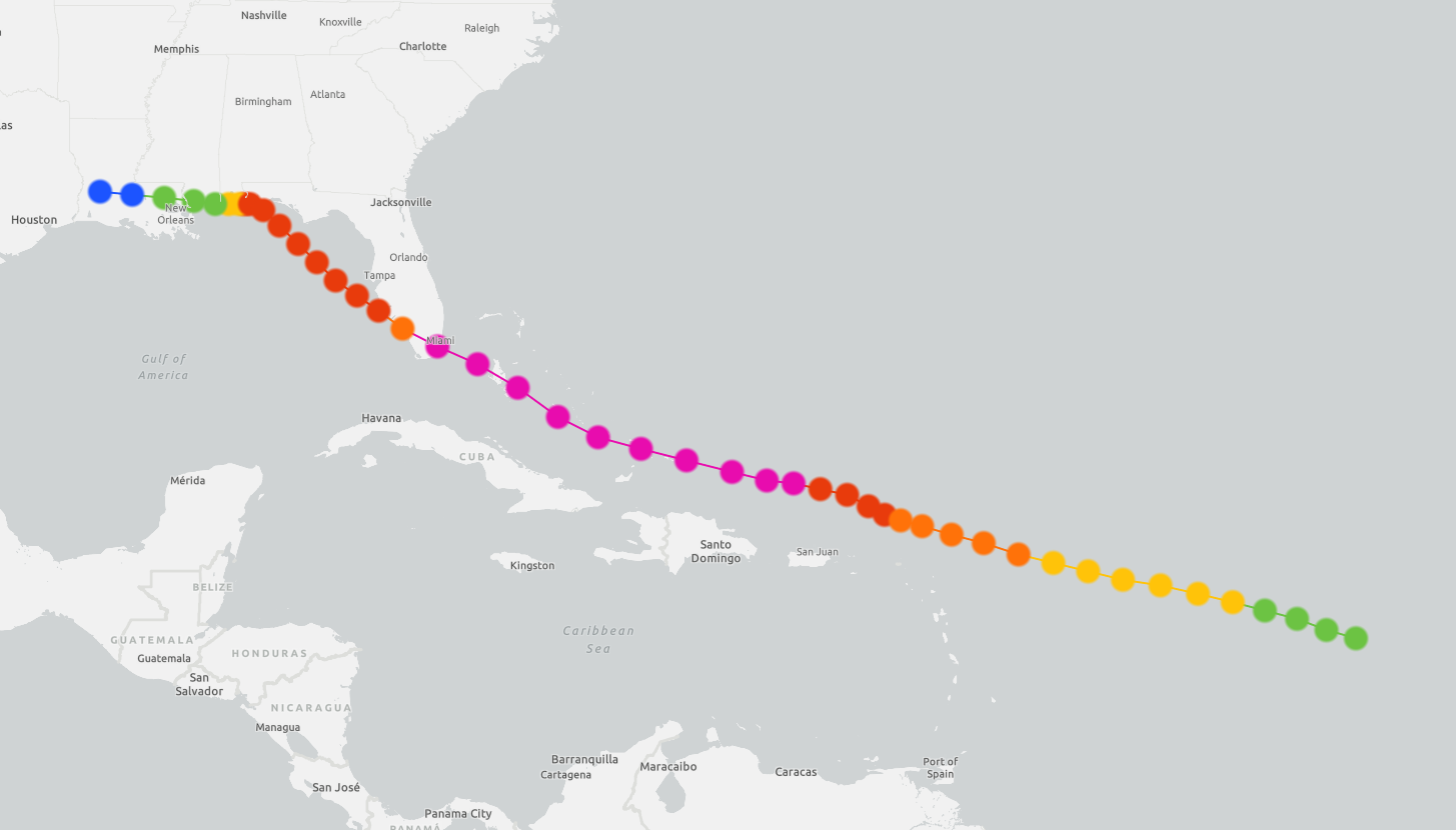 Map showing the track and intensity of the 1926 Miami Hurricane.