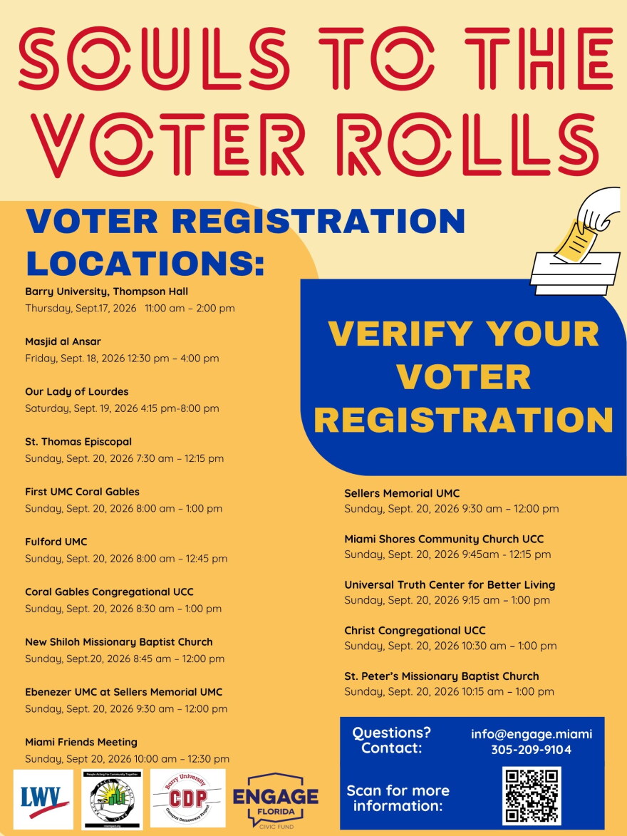 A flyer advertising voter registration events from September 17, 2026 to September 20, 2026 at churches in South Florida