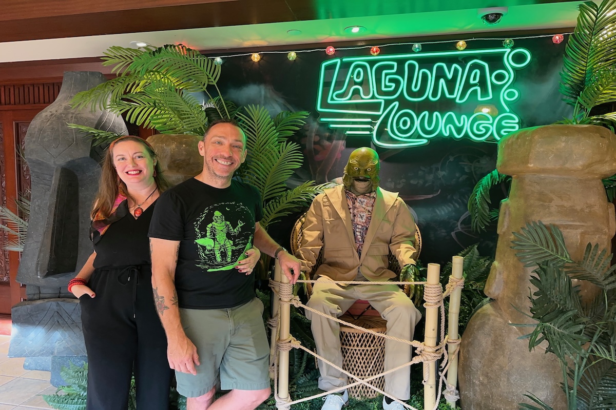 posing in front of Universal Monsters Laguna Lounge 