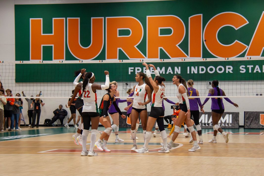 Miami wins first match of the season, taking down LSU in four sets