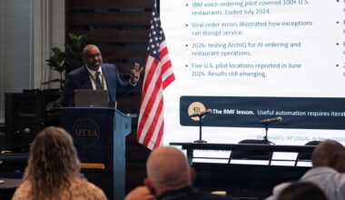 A man in a blue suit is presenting at an AFCEA podium before an audience, with a large projection screen behind him displaying content about AI drive-through ordering systems, including references to IBM voice-ordering pilots and McDonald