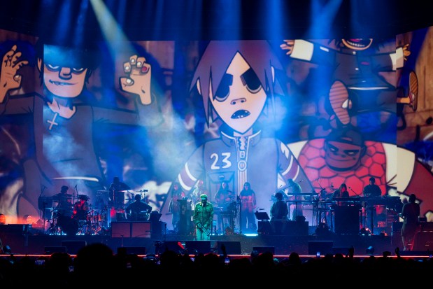 The band Gorillaz performs at Kia Center in Orlando to kick off the U.S. leg of "The Mountain" tour on Sept. 17, 2026. The "virtual band" has real musicians and fictional animated characters 2-D, Murdoc Niccals, Noodle and Russel Hobbs who make up the group. (Patrick Connolly/Orlando Sentinel)