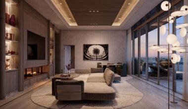 Faena Crown Residence family room rendering with fireplace and terrace