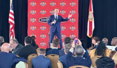 Democratic gubernatorial candidate David Jolly speaks to attendees at a Tampa Tiger Bay event. Photo by Daria Mironova/WMNF News
