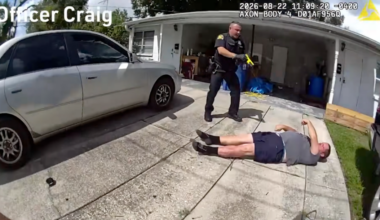 A still from bodycam footage showing St. Petersburg Police officer Daniel Poveda and Brian Pepal in St. Petersburg, Florida on Aug. 22, 2026. Credit: Pinellas Sheriff / YouTube