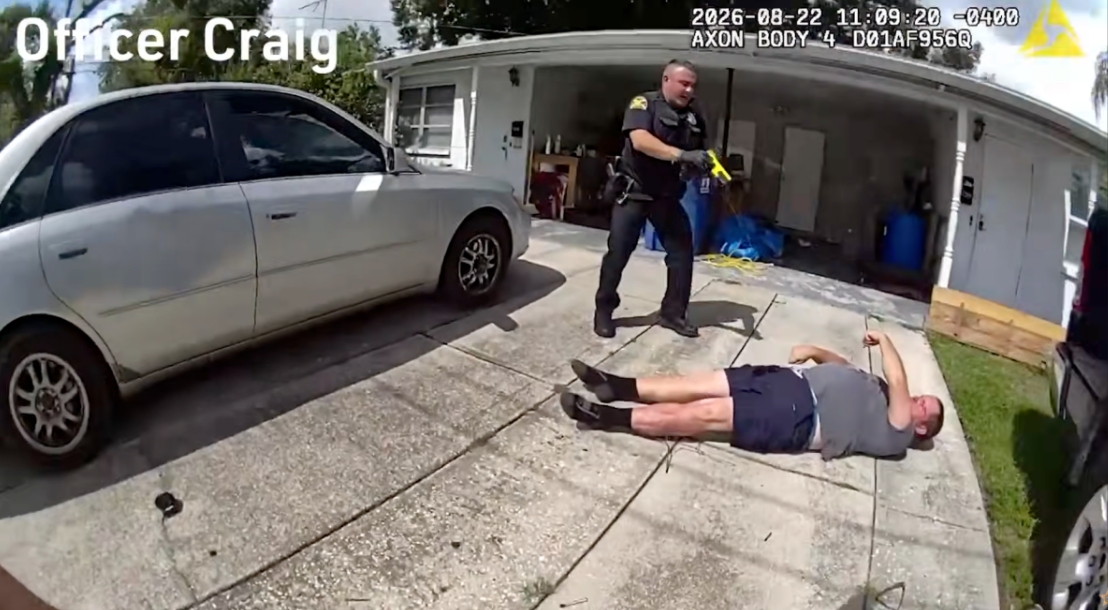 A still from bodycam footage showing St. Petersburg Police officer Daniel Poveda and Brian Pepal in St. Petersburg, Florida on Aug. 22, 2026. Credit: Pinellas Sheriff / YouTube