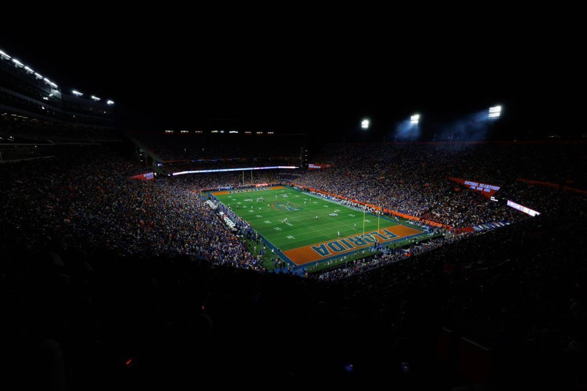 A general view of Ben Hill Griffin Stadium at night during a game between Florida and Florida Atlantic.