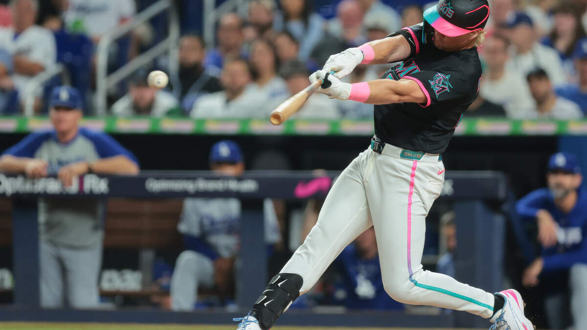 Sep 11, 2026; Miami, Florida, USA; Miami Marlins first baseman Kyle Stowers (28) hits a single against the Los Angeles Dodgers during the second inning at loanDepot Park. Mandatory Credit: Sam Navarro-Imagn Images Sep 11, 2026; Miami, Florida, USA; Miami Marlins first baseman Kyle Stowers (28) hits a single against the Los Angeles Dodgers during the second inning at loanDepot Park. Mandatory Credit: Sam Navarro-Imagn Images