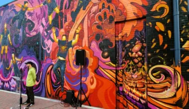 A man in a ballcap stands at a microphone in front the the vibrant colors of a new Five Points mural.