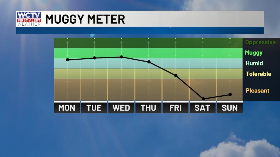 Humid this week, turning more pleasant by Thursday.