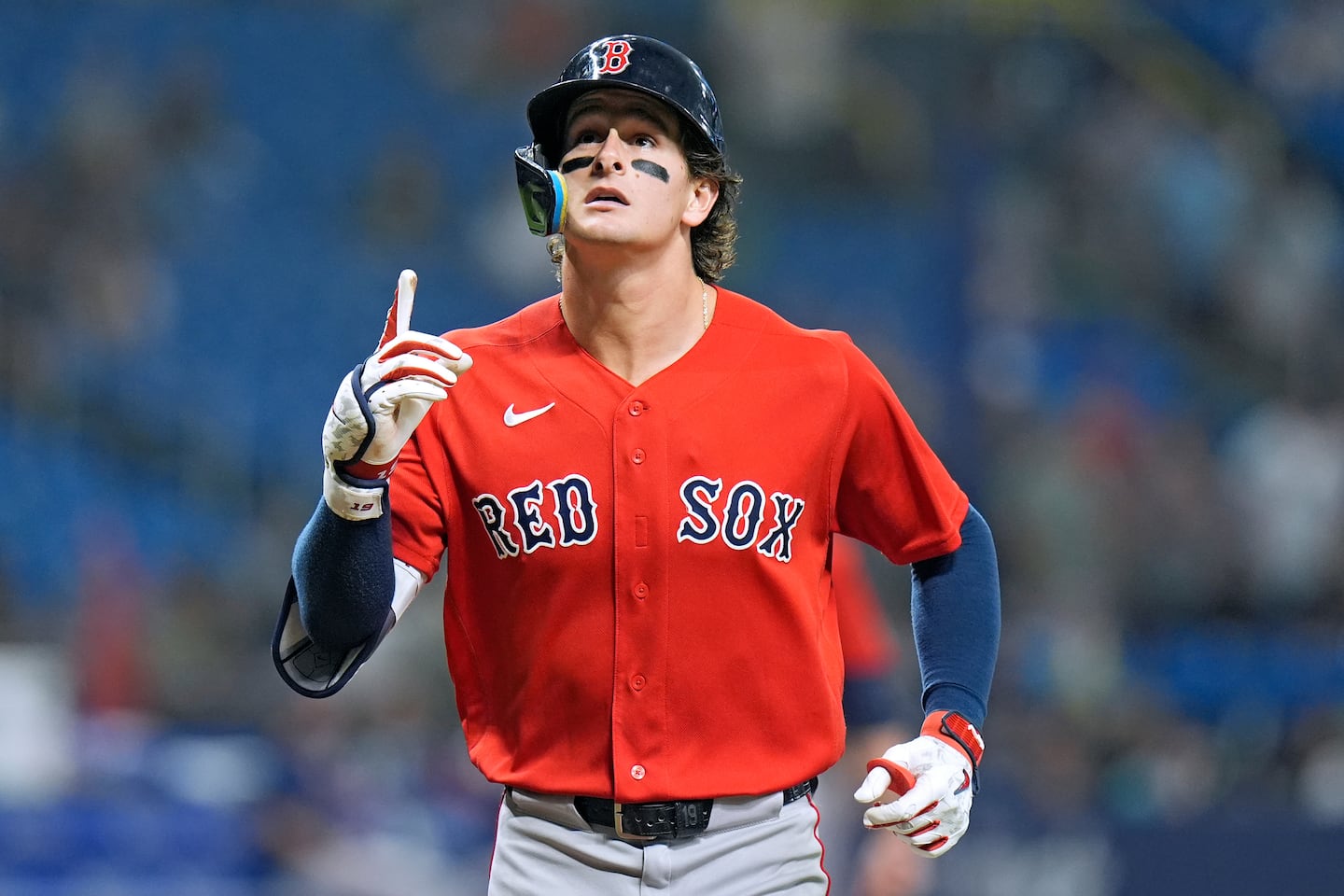 Roman Anthony celebrates his game-starting home run Friday in St. Petersburg, Fla.