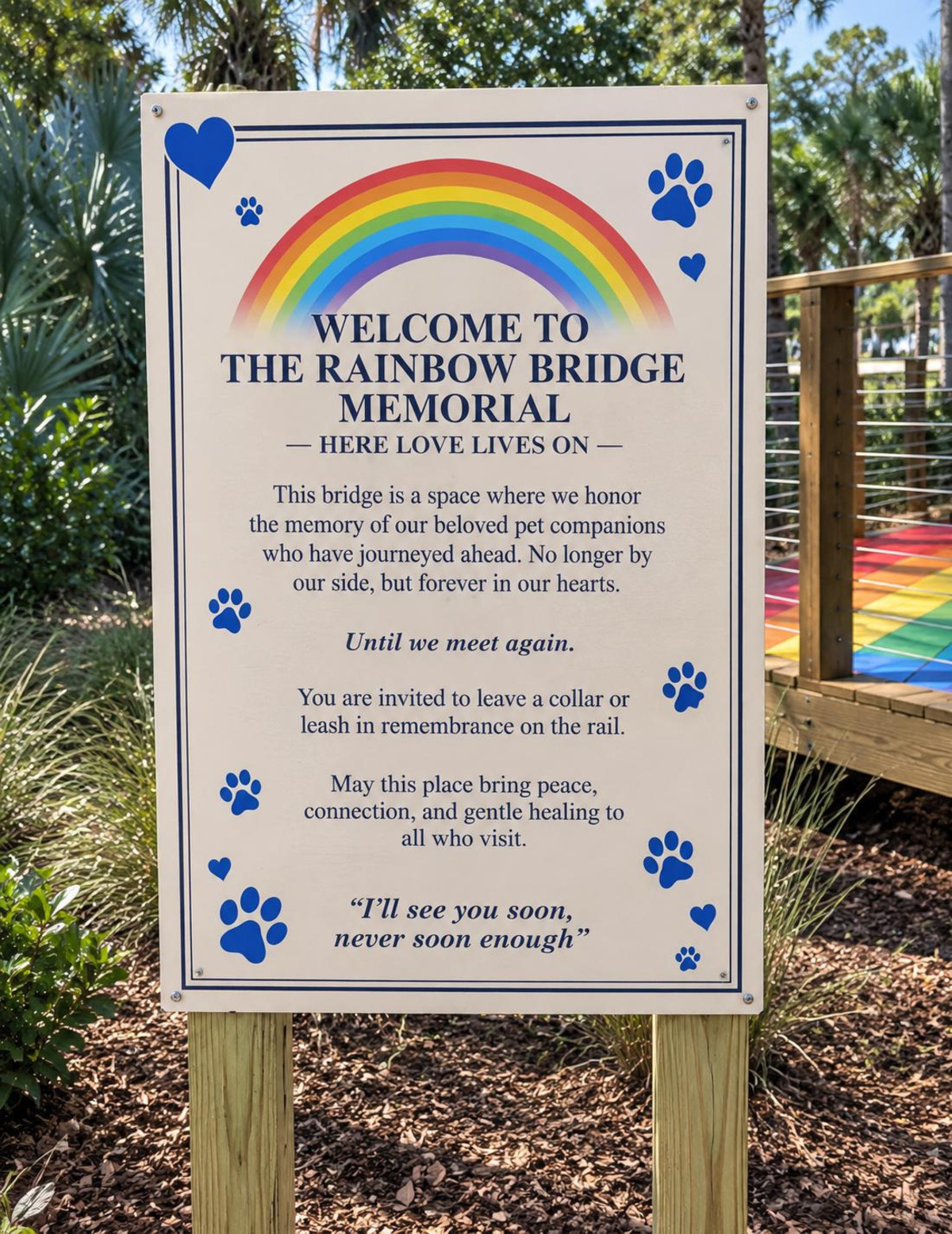 An artist's rendering of the sign at the new Rainbow Bridge Pet Memorial at Fort Myers' Alliance for the Arts. The memorial will be unveiled Saturday, Sept. 19 at a dedication ceremony.