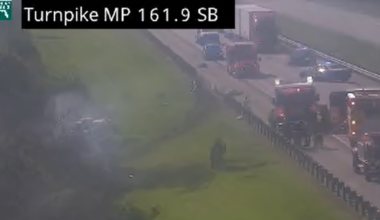 Truck crashes into guardrail and bursts into flames off the turnpike in St. Lucie County