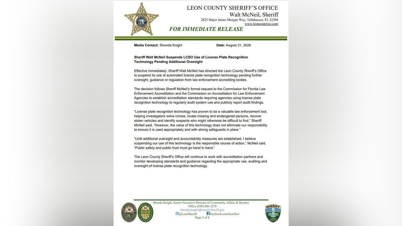 Leon County sheriff suspends license plate recognition use pending oversight