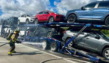 Semi-truck car hauler engulfed in flames on Turnpike in Stuart | Martin County