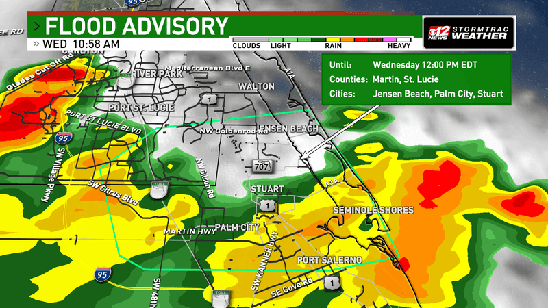 Flood Advisory in effect for St. Lucie and Martin counties until 12 p.m. Wednesday. (WPEC)