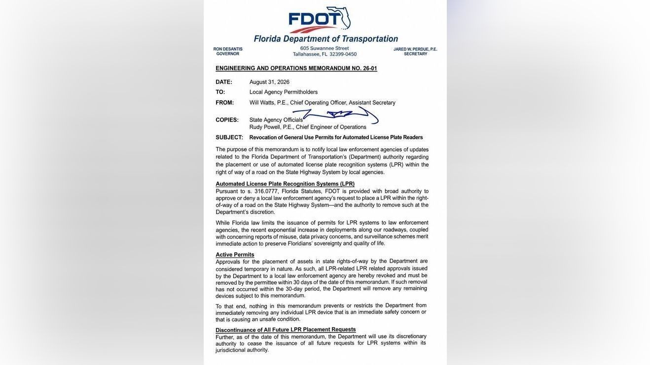 Florida DOT revokes general use permits for automated license plate readers