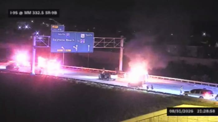 Vehicle fire in Duval County closes 2 southbound lanes on I-95 at SR-9B