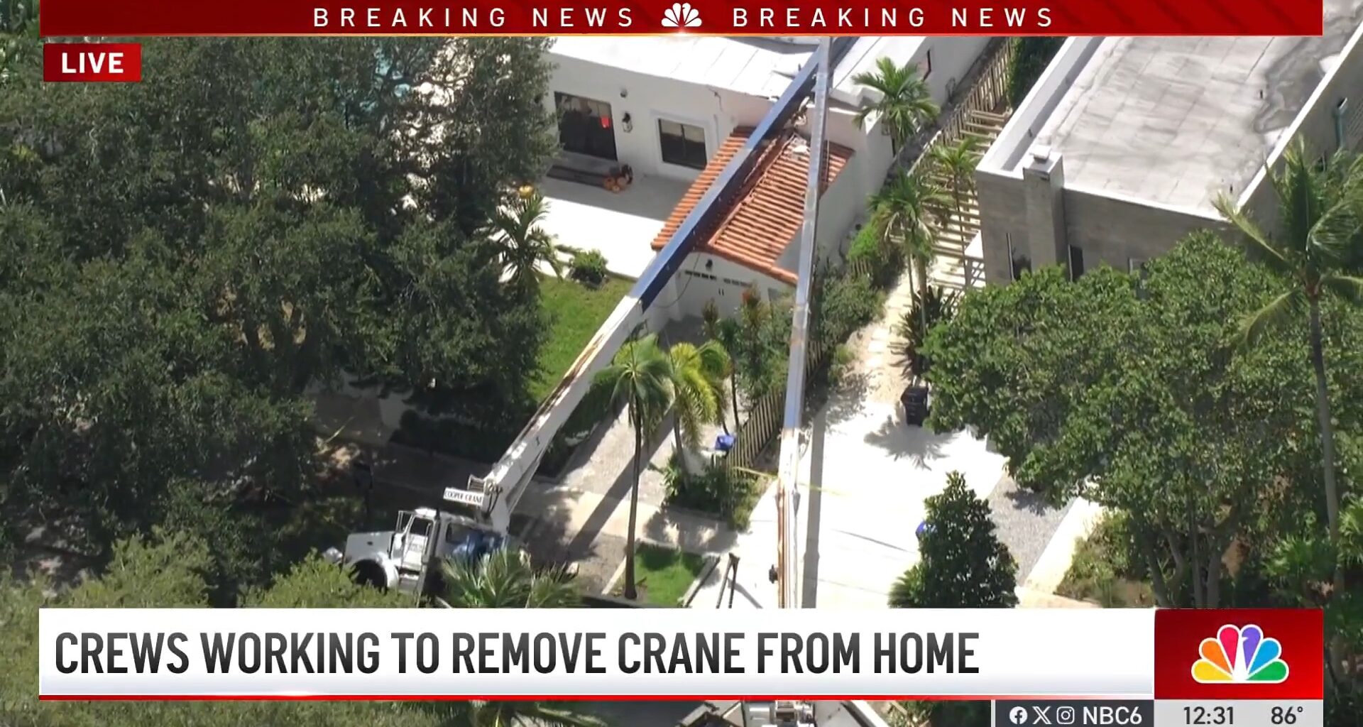 Video showed a second crane toppled onto a house in Fort Lauderdale Thursday, hours after another crane and truck that overturned onto the house, damaging part of the roof and back wall. Fort Lauderdale Fire Rescue said no one was injured in the first incident that occurred at around 9:15 a.m. in the 800 block of Southeast 8th Street. The footage taken by fire rescue shows a crane leaning on a home, and the truck attached to it dangling in the air, with only one tire in the ground. It was not immediately clear what caused the crane to fall. Chopper 6 video shows damage to a portion of the roof of the home, which a friend of the homeowner said was under construction. #crane #fortlauderdale #home #crash